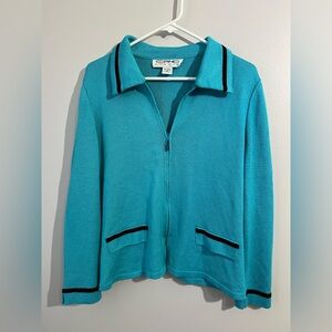 Chic Turquoise Zip-Up Sweater with Black Accents